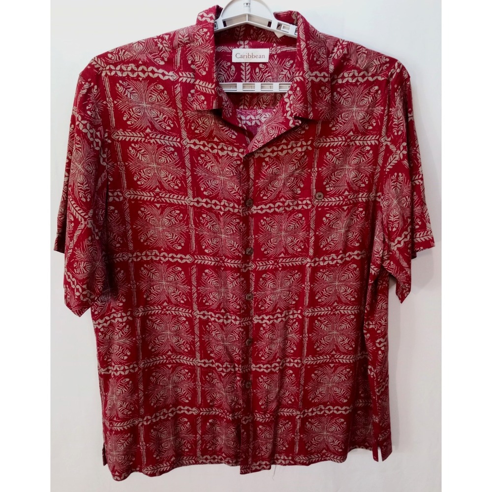 Caribbean Men's Button Down Hawaiian Tribal Shirt, XL, Red